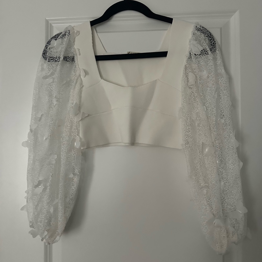 Free People White Lace Sleeves with Butterflies Crop Top with